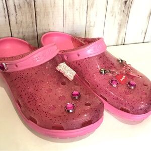 CROCS x BENEFIT Clogs Slides Mens 13 Clear Jibbitz Barbiecore Glam Rare